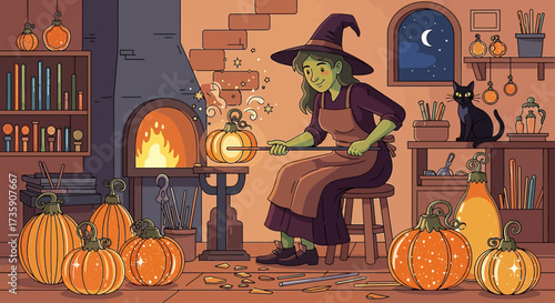 witch making glass pumpkins a green-skinned witch sculpts a pumpkin near a fiery furnace casting spells with her cat during halloween.