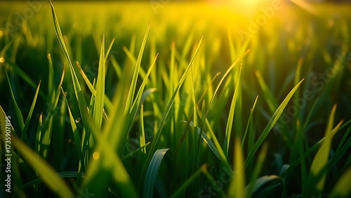 A tranquil sunrise over a lush green field, dewdrops glistening like tiny jewels in the morning light.