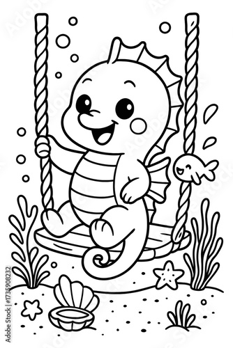 Adorable seahorse swinging with happy fish in underwater coloring page