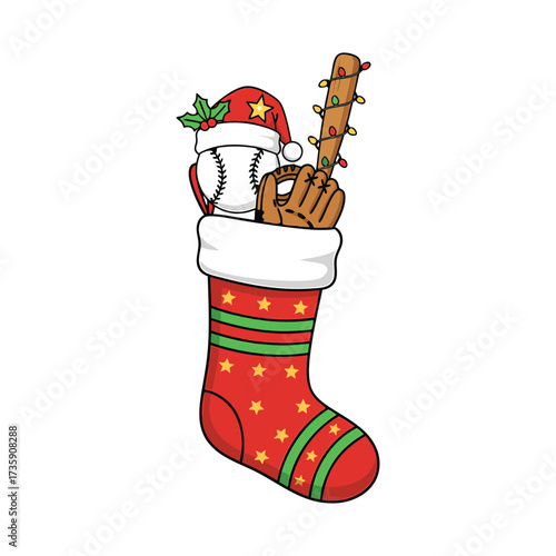 Christmas stocking filled with baseball equipment and Santa hat baseball bat