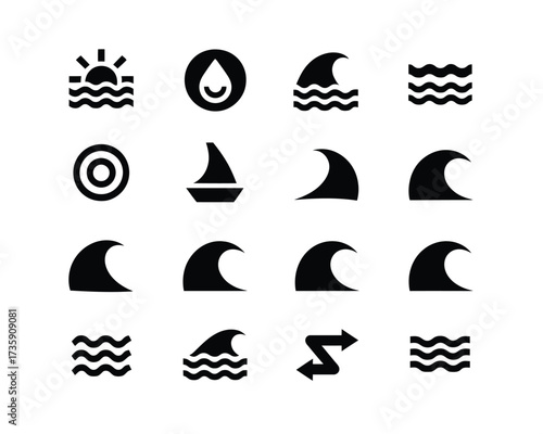 Set of 15 black and white minimalist vector icons waves sun droplet sailboat and more scalable eps illustrations silhouette vector illustration white background