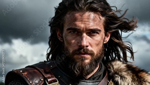 A rugged man with long dark hair and a beard wears medieval armor. He stands against a dramatic cloudy sky, embodying a warrior spirit.