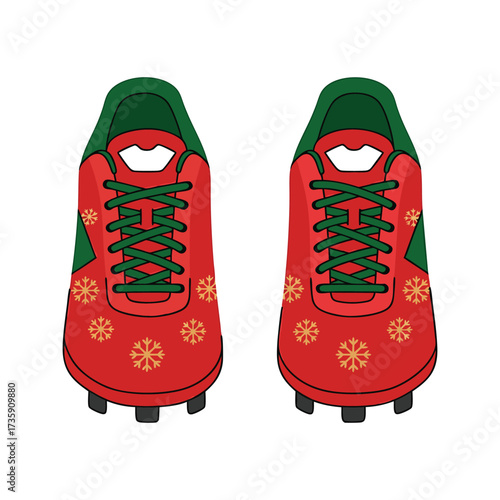 Pair of red and green Christmas themed football cleats shoes footwear
