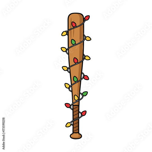 Wooden baseball bat wrapped with colorful Christmas lights sports equipment