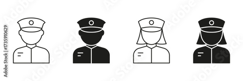 Police Officer Male And Female Icon Set. Law Enforcement Personnel Representation Outline And Silhouette Symbol Collection. Security And Public Safety Illustration. Isolated Vector Illustration
