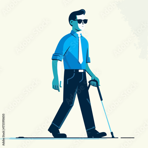 illustration of a blind person character wearing a blue shirt