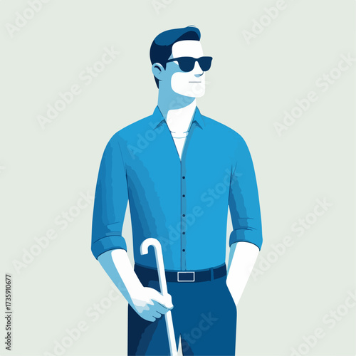 illustration of a blind person character wearing a blue shirt