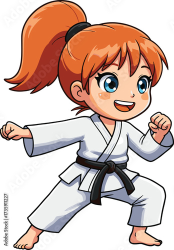 Cartoon karate girl in martial arts uniform, black belt fighter, practicing karate stance, self defense training, sports, fitness, discipline, illustration