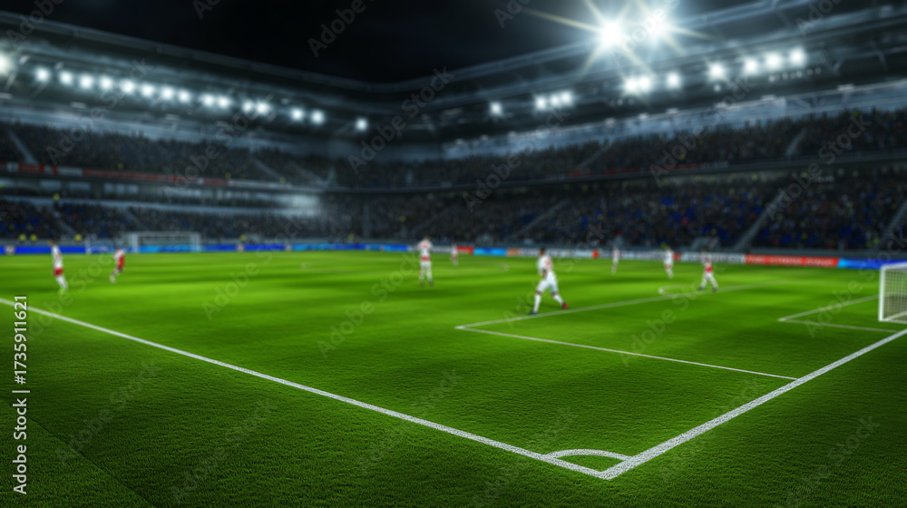 Fototapeta premium Soccer stadium with lights and a green grass field 