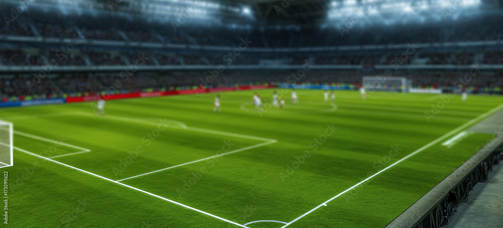 Fototapeta premium Soccer stadium with lights and a green grass field 
