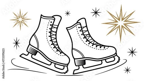 A pair of ice skates outlined in black with gold stars scattered around on a white background scene