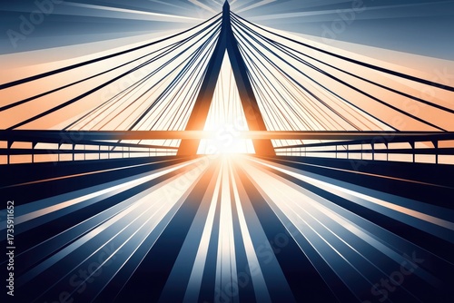 vector illustration of sunrise behind modern cable-stayed bridge, symmetrical design, blue-orange gradient background, architectural landscape