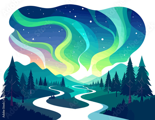 Vibrant illustration of the aurora borealis illuminating a serene mountain landscape with a winding river and pine trees at night.