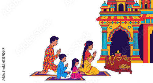 Quadro su tela Indian Family Praying at Colorful Hindu Temple Shrine.