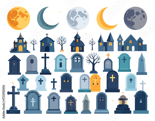A collection of flat design elements featuring different phases of the moon, spooky haunted houses, churches, and various gravestones and tombstones, suitable for Halloween or graveyard scenes.