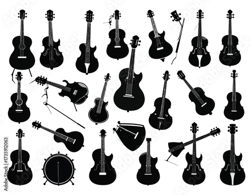 A diverse collection of black silhouettes featuring various musical string instruments, including acoustic and electric guitars, bass, and a drum, against a white background.