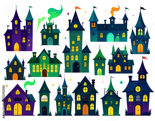 A collection of whimsical and spooky cartoon haunted houses and fantasy castles with glowing windows, perfect for Halloween designs.