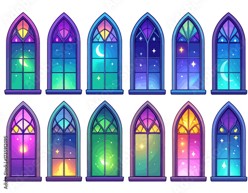 A collection of twelve vibrant gothic arched windows with stained glass depicting celestial night scenes in various magical colors.