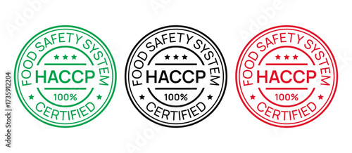 HACCP food safety system stamp. Hazard analysis and Critical Control Points badge. Quality warranty emblem icon. 100% guarantee sticker. Round seal imprint on white background. Vector illustration