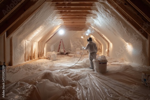 Worker applying spray foam insulation in an attic for energy efficiency.