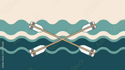 Two crossed paddles over stylized waves in shades of blue and beige in a simple flat design