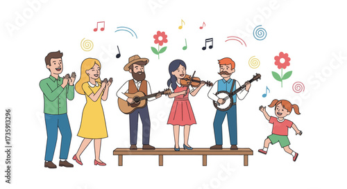 Фотография Cartoon illustration of a folk music band performing with a child dancing