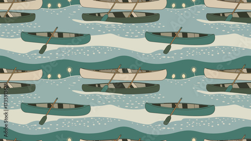A repeating pattern of canoes with paddles on water with some stylized trees in the background