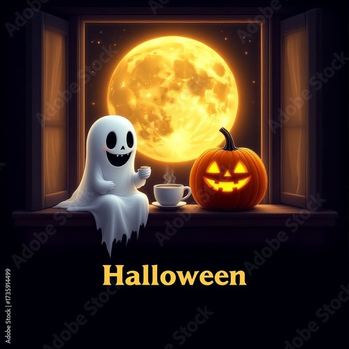 Ghost sitting by the window with pumpkin and coffee on Halloween  