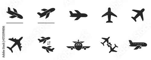 Airplane Travel Flight Takeoff Landing and Transportation Solid Icon Set. Aviation Journey Airline Departure Arrival Elements Silhouette Symbol Collection. Isolated Vector Illustration