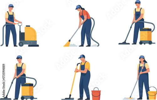 Professional cleaning service vector set with workers mopping, vacuuming, sweeping, using machines, wearing uniforms, gloves, caps, and tools