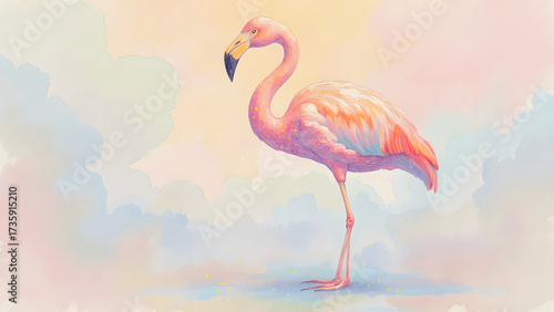 A single pink flamingo stands gracefully on one leg against a pastel watercolor background