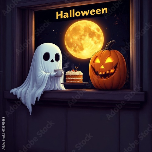 Cartoon ghost holding mug by a window with Halloween pumpkin and cake  