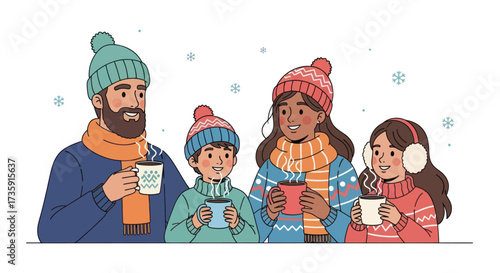 Happy diverse family enjoying hot drinks in winter clothes with falling snow.