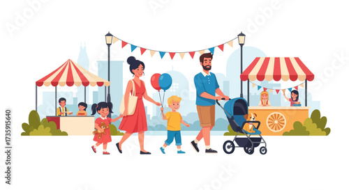 Family enjoying a day at an outdoor fair with stalls and festive decorations.