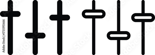 Control Panel Adjustment Icon Set and Equalizer Slider Vector Collection Group of Settings, Audio Mixer, Gear, Knob, Interface, Dashboard, Switch, Tune and Customize Symbol in Black Flat and Line Styl