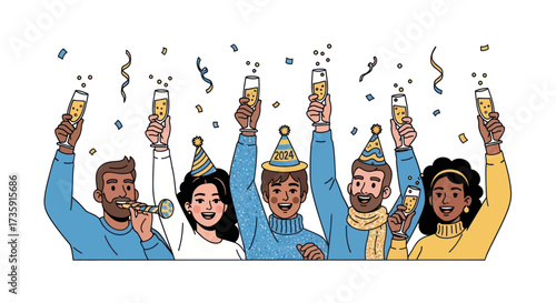 Diverse group of people celebrating with champagne and party hats.