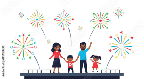 Diverse Family Enjoying Vibrant Fireworks Display Celebration.