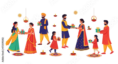Diverse Indian families celebrating festival exchanging gifts and sweets in traditional attire illustration.