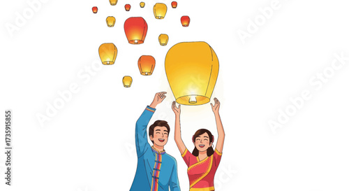 Joyful Couple Releasing Bright Yellow Sky Lanterns for Celebration.