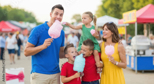 Happy family of five enjoying colorful cotton candy together at an outdoor summer fair.