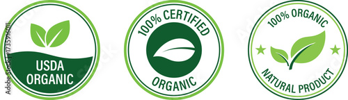 Set of organic certification seals and labels for natural products. 00% Certified Organic, 
and 100% Organic Natural Product seals. Three organic certification seals isolated on white background