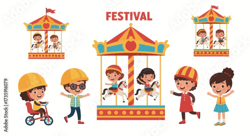 A collection of cartoon illustrations featuring happy children enjoying a colorful festival carousel and amusement park rides.