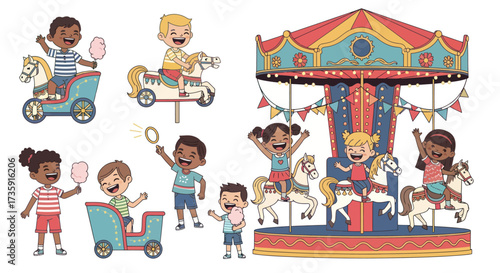 A charming vector illustration set of diverse children enjoying a colorful carnival carousel and amusement park rides.