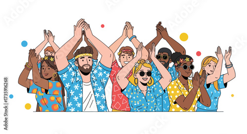 Illustration of a diverse happy crowd of people clapping their hands at a summer festival or concert.