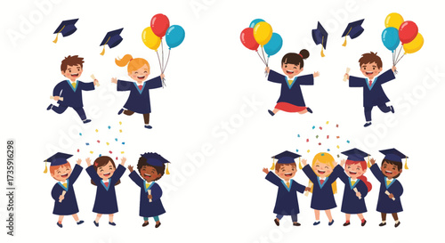 Joyful graduates celebrating with balloons and confetti in academic gowns.