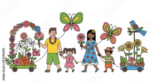 Diverse Family Walking with Flowers and Butterflies in Colorful Illustration.