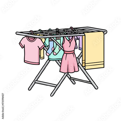 Clothes drying on rack indoors, simple laundry day with various garments like tshirts, dresses, and socks hanging to dry on portable drying stand