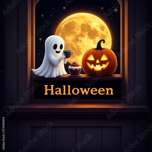 Ghost holding coffee cup beside pumpkin and cupcake for Halloween  