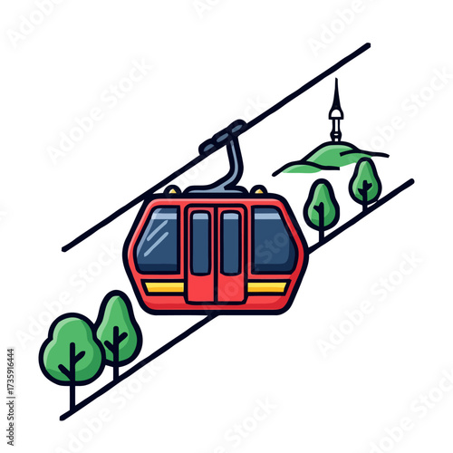 Red cable car traveling on wire with scenic green trees and distant tower on hill, representing transportation and travel in stylized, modern