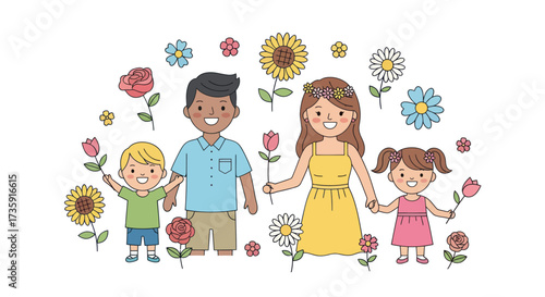 Happy cartoon illustration of a diverse multiracial family of four holding hands among colorful flowers.
